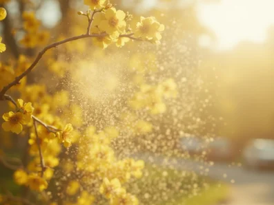 Herumfliegender Blütenstaub kann Pollenallergie mit Husten auslösen. Gelbe Pollen und Blütenstaub, die in der Luft fliegen, im Hintergrund Bäume.