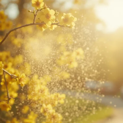 Gelbe Pollen und Blütenstaub, die in der Luft fliegen, im Hintergrund Bäume.