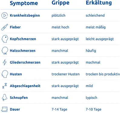 Infografik zu den Symptomen einer Grippe oder Erkältung.